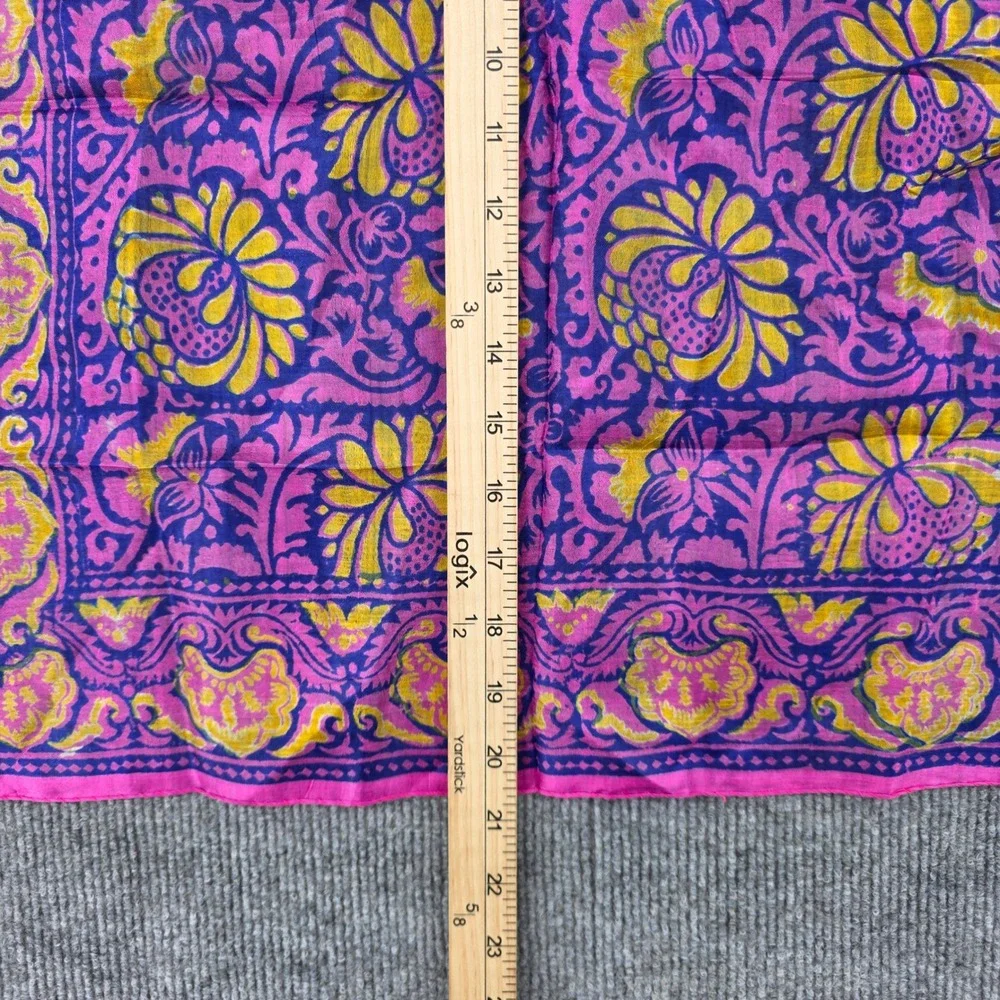 Vintage Pure Silk Scarf Pink Purple Floral Block Print Square India 20.5